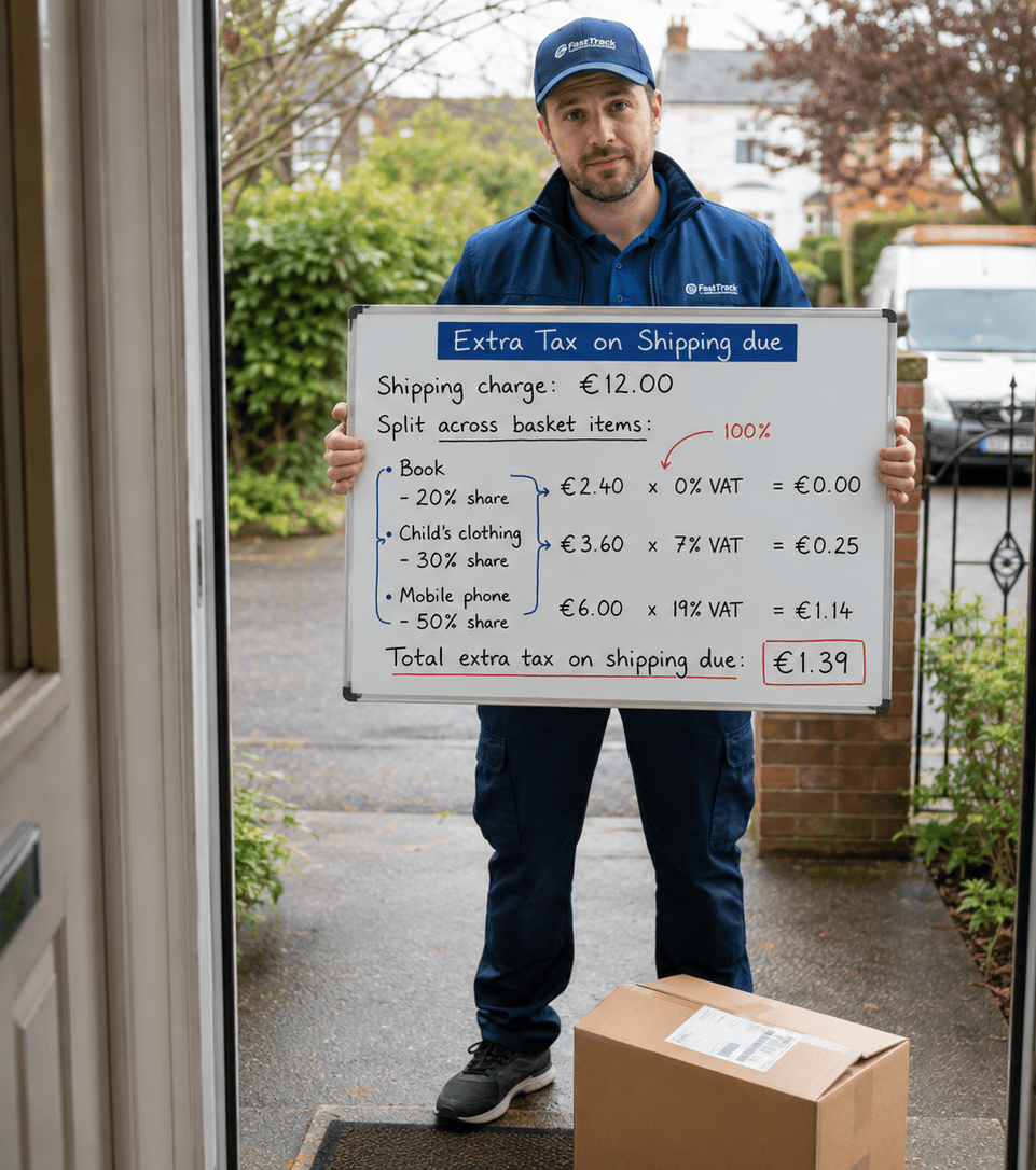Image showing delivery driver with absurd shipping tax complexity